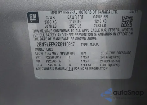 2012 Chevrolet Equinox 1Lt z USA, uszkodzony, nr VIN 2GNFLEEK2C6110947